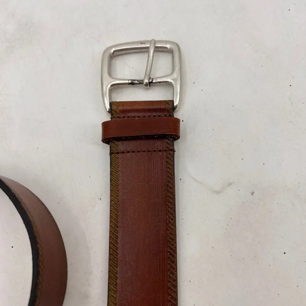 Cole Haan Belt Mens 34 Brown Leather Silver Center Bar Pin Buckle Dress Casual